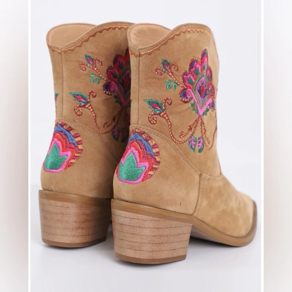 Farm Rio Camel Bota Western Boho Embroidered Tan Ankle Boots - Picture 4 of 14